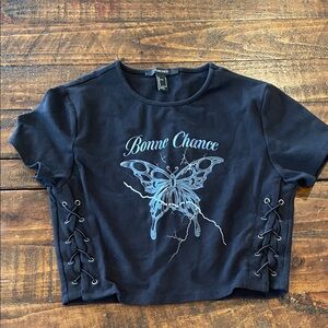Forever 21 Black Crop Tee with Blue Butterfly Graphic